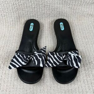 Oka-B Womens Black Slide Sandals Zebra Print Bow Accent Made in USA Size M 7-8